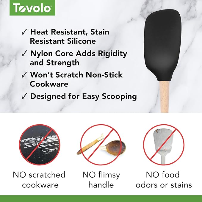 Tovolo Silicone Spoonula Silicone Spoon Spatula With Wooden Handle for Cooking Mixing Baking, Large Heat Resistant Multifunction Spatula Cooking Spoon Wood Handle Kitchen Utensil Black