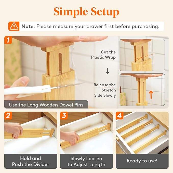 2.4" High 8 Pack Bamboo Drawer Dividers 33-42cm/13-16.5" Adjustable Wooden