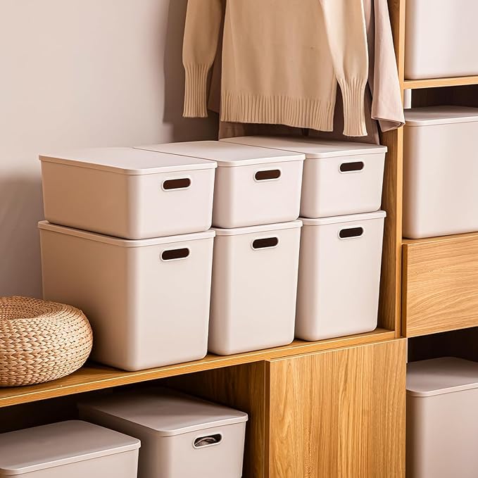 4 Piece Plastic Storage Baskets Boxes with Lids,14.4x10.2x6.3 Inch Stackable Organizing Bins,Handles, Versatile Containers for Pantry,Bathroom,Closet Shelves Desktop (Light grey, 4L)