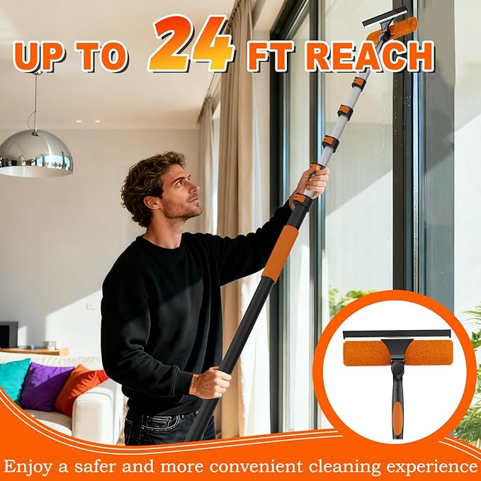 SISUPASSIE 30FT Reach 2-in-1 Window Squeegee, Professional Window Washing Kit with 5-24FT Extension Pole for Home