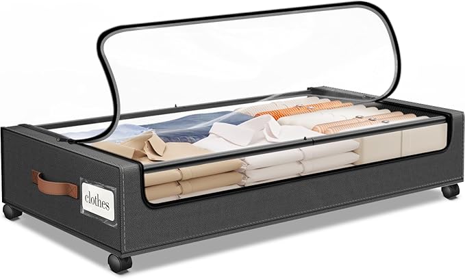 SpaceHacks Under Bed Storage with Wheels 1Pack Storage Containers with Clear Window&Label Under Bed Drawers Rolling Under Bed Storage for Clothes