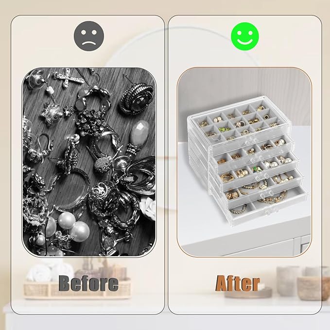 5 Drawers Clear Jewelry Box for Women and Girls, Gray