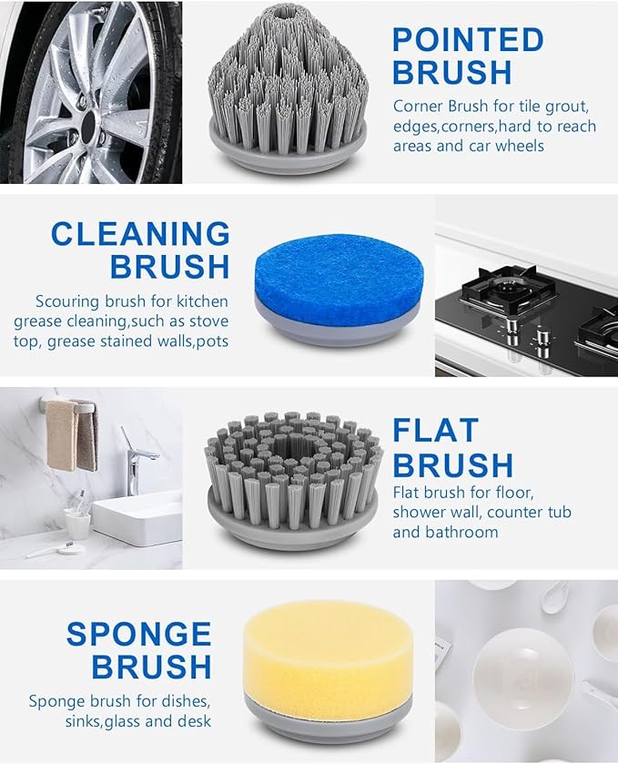 Electric Spin Scrubber, Power Scrubber Cordless Electric Shower with 4 Replaceable Shower Cleaning Brush Heads Rechargeable for Cleaning Tub,Tile,Floor, Sink, Window, Stove
