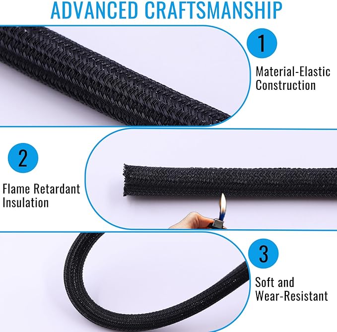 1/2" Braided Cable Sleeve - 10Ft Cat Cord Protector Split Wire Loom Tubing Flexible Self Wrapping for USB, Audio, Automotive Cord, Dog Chew Proof Cable Protector - Black