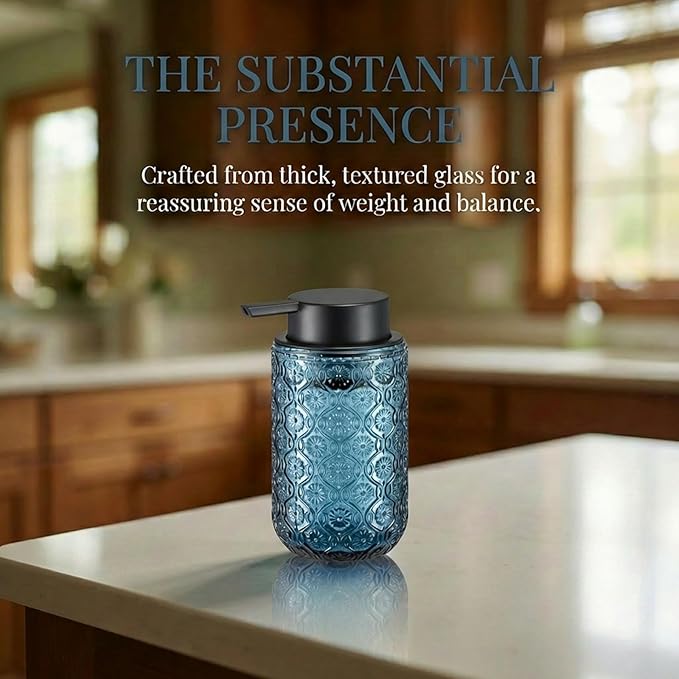 Blue Glass Liquid Hand Soap Dispenser with Matte Black Pump Thick Embossed Bottle Refillable for Bathroom and Kitchen Decor 13.5 oz