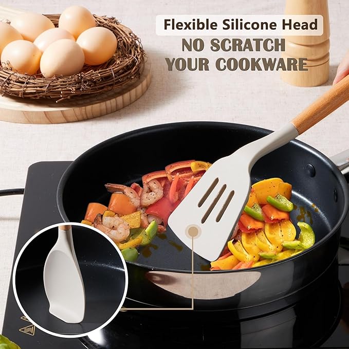 Silicone Kitchen Cooking Utensils Set, 33pcs – 446°F Heat Resistant, Non-stick, BPA-Free, Wooden Handles, Spatula, Turner, Tongs, Spoon, Brush, Whisk – Essential Cooking Gadgets (Khaki)