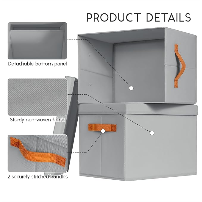 Storage Bins with Lids, Fabric Storage Baskets for Shelves, Grey