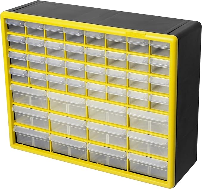 Akro-Mils 44-Drawer Plastic Drawer Storage Cabinet for Garage Organization, Bead Organizer, Building Bricks Storage, Teacher Toolbox, Makeup Organizer, 20-Inch W x 6-Inch D x 16-Inch H, 10144 Yellow
