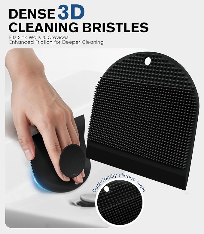 2 Pack Silicone Sink Cleaning Brush with Squeegee, Flexible Non-Scratch Dish Scrubber for Kitchen and Bathroom Sink, Countertop & Dishwashing, Suction Cup Hanging Design (Black)