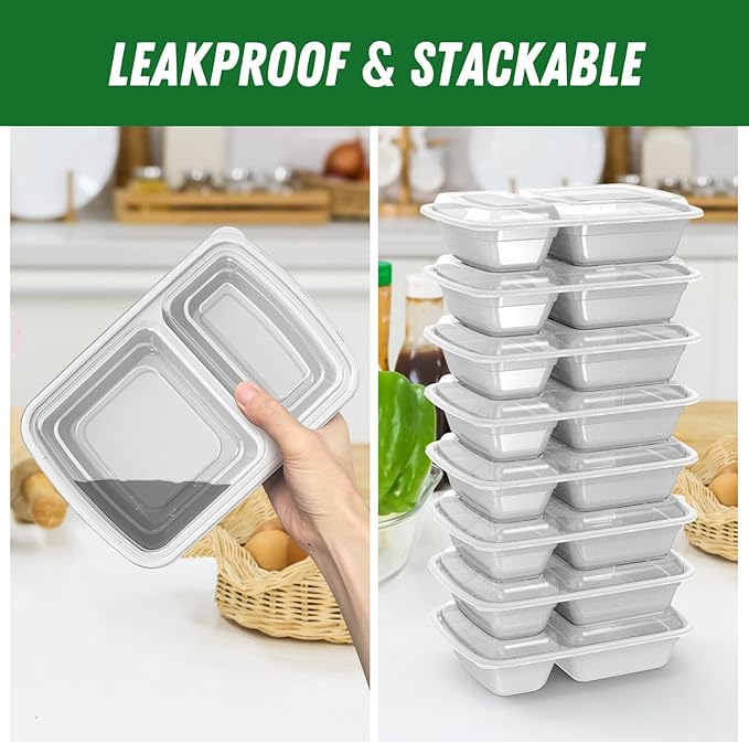 Dealusy 50 Pack (100-Piece) 28 oz Meal Prep Containers Reusable with Lids 2-Compartment, Sturdy Leakproof Food Safe, Microwave Freezer Dishwasher Safe