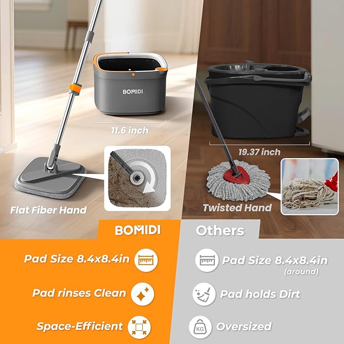 Mop and Bucket Set, Spin Mop with Separate Dirty Water System, Deep-Cleaning Mops for Floors, Versatile Mops for Walls