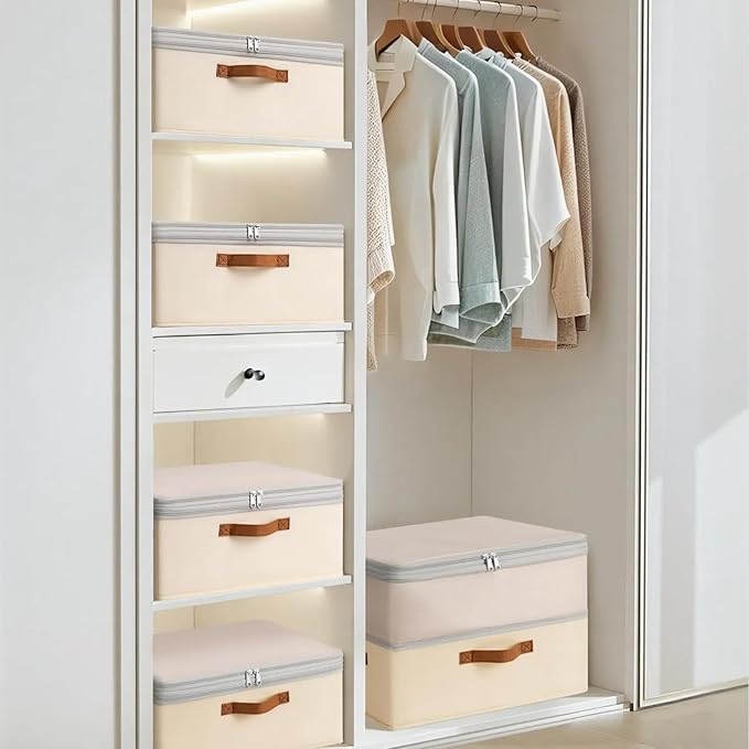Homsorout Large Closet Storage Bins - Compression Organizer Bins, Stackable Closet Organizer, Expandable Under Bed Storage Containers for Clothes, Towels, Sheet, 2 Pack, Beige