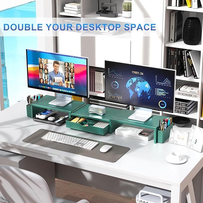 Dual Monitor Stand Riser, Desk Organizer With Drawer and 2 Pen Holders, Green