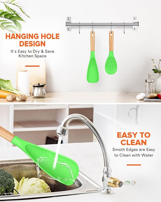 Cooking Spoon and Rice Scooper for Nonstick Cookwares, Great for Cooking and Serving Sturdy BPA-Free Matte Silicone, Wood Handle Spoon for Mixing, Scoop, and Scrape (Apple Green)