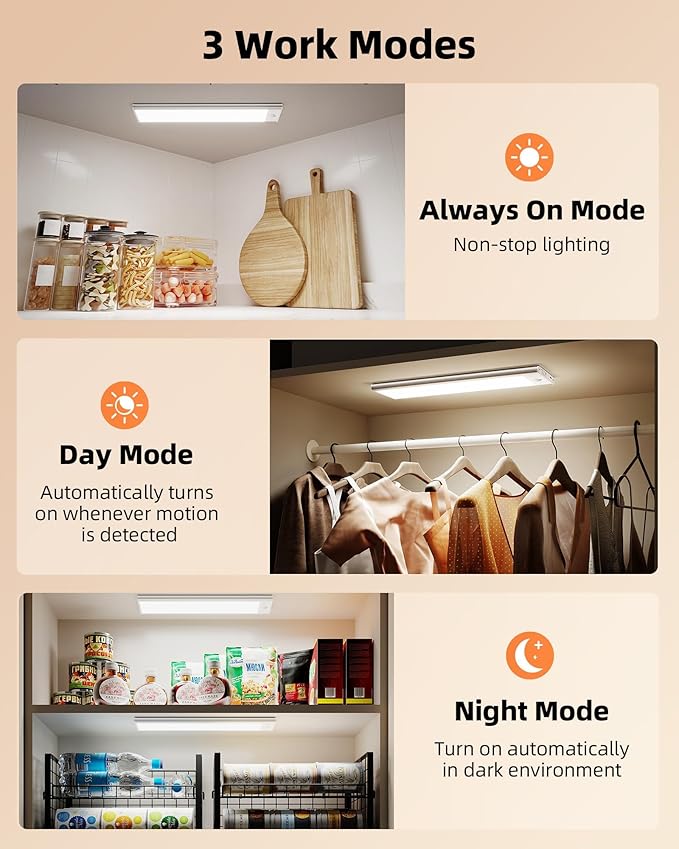 EZVALO 5000mAh Under Cabinet Lighting, 200LM Motion Sensor Light Indoor, Rechargeable Magnetic Under Counter Lights, 3-Inch Wide Panel Dimmable Closet Light for Pantry, Wardrobe, Hallway, Kitchen etc.