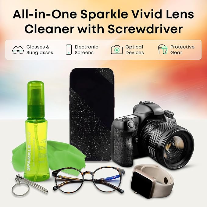 Sparkle Vivid Anti-Reflective Safe Lens Cleaner & Repair Kit – (2) 2oz Glasses Cleaner Spray, (2) Microfiber Cloth & Keychain Screwdriver for Eyeglasses, Sunglasses, Lenses & Screens (5 Piece Set)