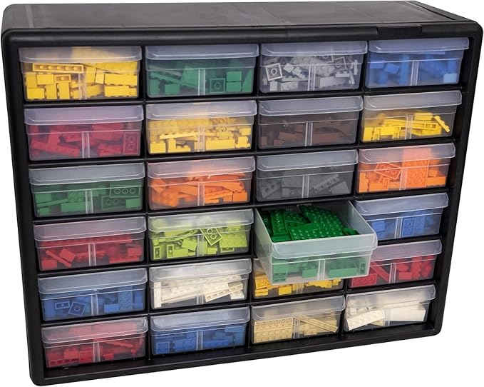 Akro-Mils 24-Drawer Plastic Drawer Storage Cabinet for Garage Organization, Bead Organizer, Building Bricks Storage, Teacher Toolbox, Makeup Organizer, 20" W x 6" D x 16" H, 10124 Black