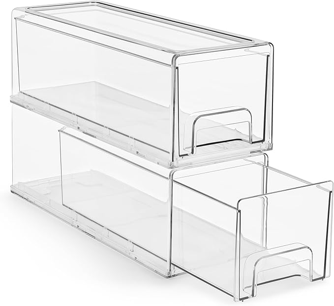 Sorbus Small Wide Clear Stackable Storage Drawers – 2-Pack Plastic Organizer Bins with Handles – Stackable Pull-Out Storage Drawers for Closet, Pantry, Office, Bathroom, Craft, and Toy Organization