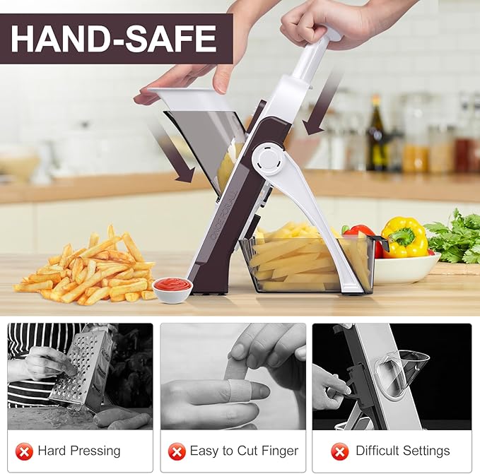 5 in 1 Safe Mandoline Slicer for Kitchen, Safe Vegetable Chopper with Paring Knife, Adjustable Thickness, Easy to Clean, Vegetable Slicer, Slicing, Strips, Shredding, Dicing, Chop (Brown)