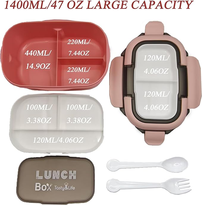 1400ML/47OZ Adult Bento Box, Leak-proof 3 Layers with Handle Portable Lunch Container, Lunch Box for Men and Women, BPA-Free, Microwave/Dishwasher/Freezer Safe, Reusable Snack Container (Pink)
