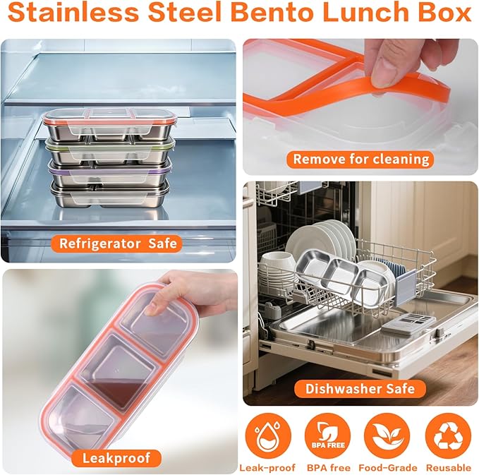 4 Pack Stainless Steel Lunch Containers with Lids, 2-Compartments Snack Container & Lunch Box, Reusable Clear Lid Snack Containers Set, Meal Prep Lunch Box (24 oz / 700ml)