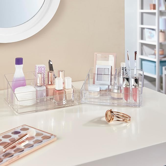 STORi Clear Plastic Small Countertop Vanity Makeup Organizer, Compact Rectangular 4-Compartment Holder for Brushes, Eyeshadow Palettes, & Beauty Supplies, Made in USA