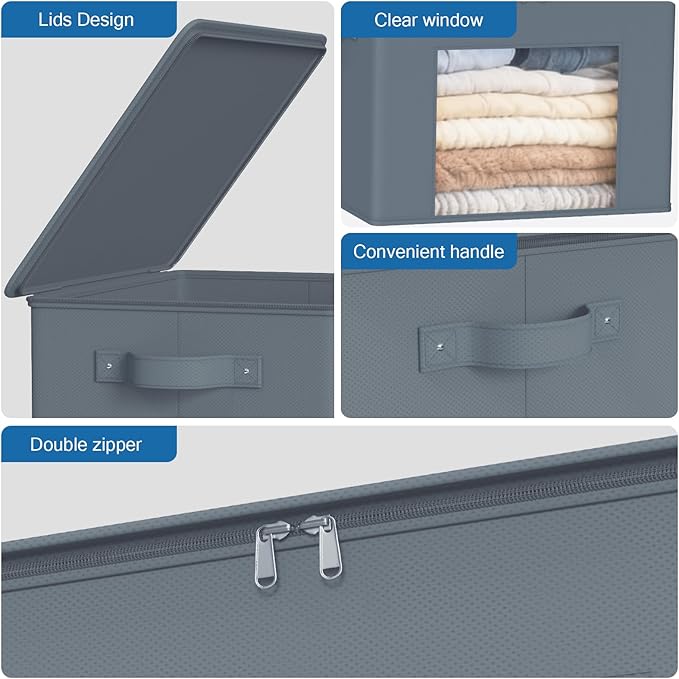 Zilink Fabric Foldable Storage Boxes with Lid 4-Pack Stackable Storage Bins with Zipper & Clear Window Fabric Closet Containers and Organizers for Home, Office, Bedroom (Grey,17" x 12" x 12")