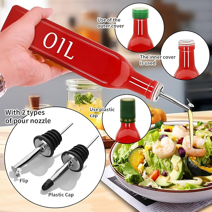 Olive Oil Dispenser Bottle,2 Pcs 17oz 500ml Glass O il and Vinegar Dispenser Set with 2 Stainless Steel Pourers, 8 Labels,Funnel Vinegar Bottles for Kitchen (Red Oil & Blue Vinegar)