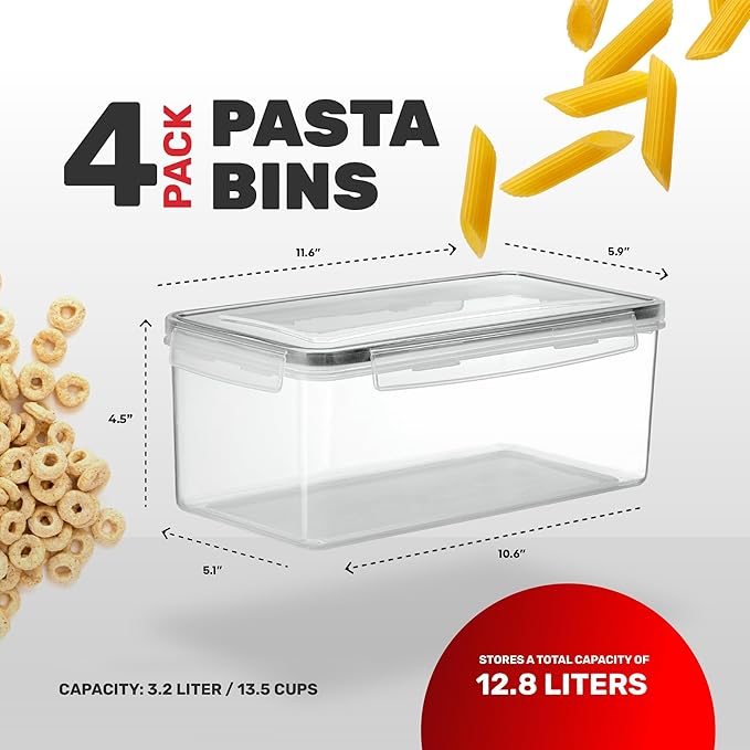 Large Airtight Food Storage Containers with Lids Set of 4 3.2L - 102 fl. oz Pasta storage Containers, BPA Free Plastic Spaghetti container