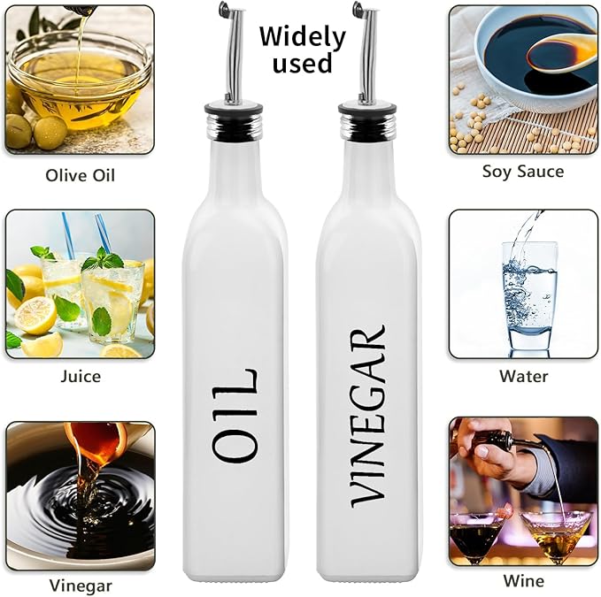 Olive Oil Dispenser Bottle,2 Pcs 17oz 500ml Glass O il and Vinegar Dispenser Set with 2 Stainless Steel Pourers, 8 Labels,Funnel Vinegar Bottles for Kitchen (White)