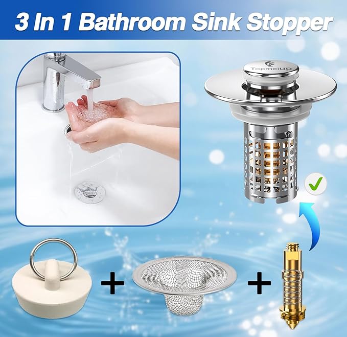 Sink Stopper Hair Catcher(New-2pcs), Pop-up Sink Drain Strainer with Removable Stainless Steel Strainer Basket Hair Catcher