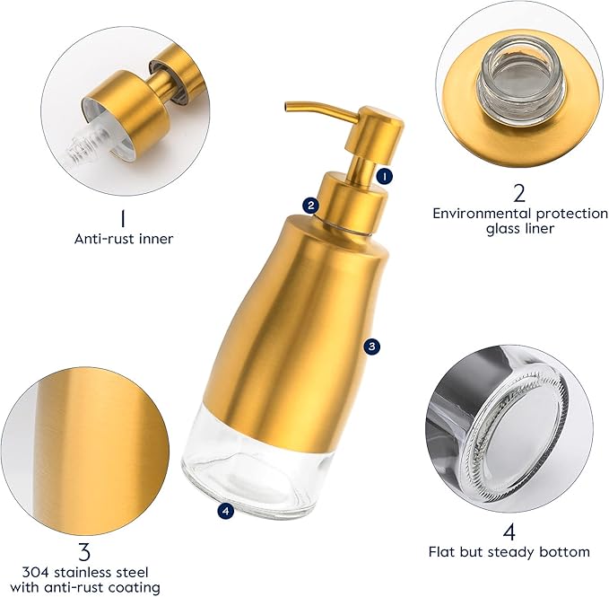 Gaussra Soap Dispenser with Coaster and Stickers, Brushed Gold Stainless Steel Glass Hand Pump Dispenser, Anti Rust Bottle, for Kitchen & Bathroom Detergent Bottle，Refillable Hand Liquid Dispenser