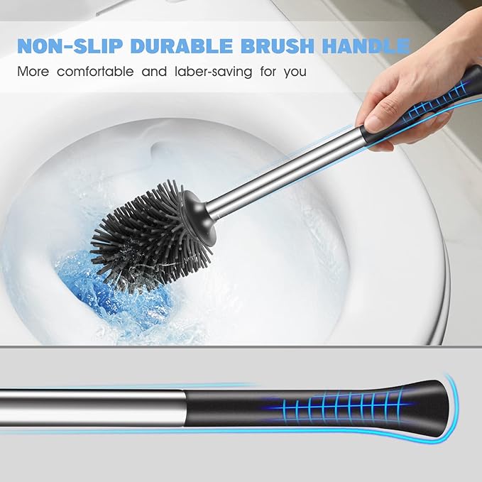 HAMITOR Toilet Bowl Brush Holder Set: 2Pack Silicone Stainless Steel Deep Cleaning Toilet Cleaner Brush for Bathroom Restroom - Compact Modern Rv Toilet Scrubber Accessories with Caddy