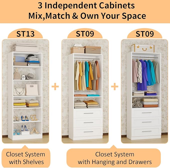 Closet System with 3 Sets, 6-15.8FT Custom Closet Organizer System with 6 Drawers & 8 Shelves & 5 Hanging Rods, Max 189"W Closet Shelving System
