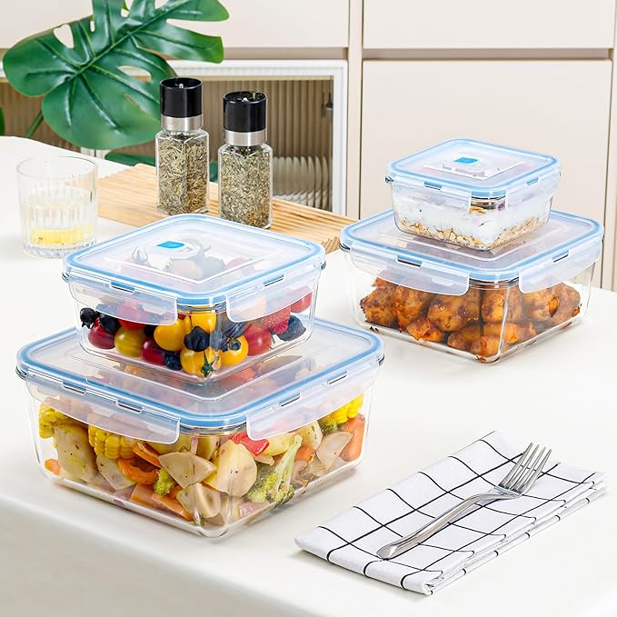 NUTRIUPS 112/68/34/17oz Square Large Glass Food Storage Containers with Airtight Lids, Meal Prep Containers, Ideal for Baking and Storing Casseroles, Lasagnas, Vegetables, Fruits,4-Piece Set