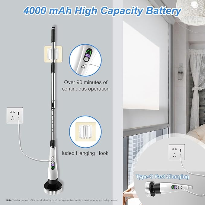 Electric Spin Scrubber with Power LCD Display, Cordless Bathroom Cleaning Brush with Adjustable Extension Handle, 400RPM/Mins, 9 Replaceable Brush Heads, IPX7 Waterproof for Shower, Bathtub, Tile