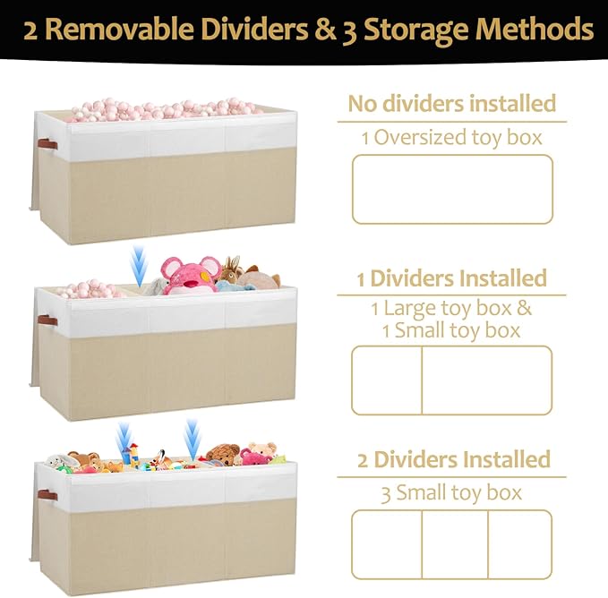 Gowee Extra Large Toy Storage Box with Lid, Sturdy Toys Storage Chest Bin Organizer Basket with Dividers for Kids, Boys, Girls, Nursery, Closet, Bedroom, Playroom 35.5"x17" x17" (Beige and White)