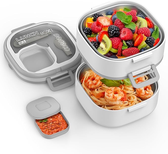 PEDECO Double-Layer Bento Lunch Box for Kids & Adults with Removable Stainless Steel Dividers,Dressing Container,BPA-Free,Dishwasher Safe