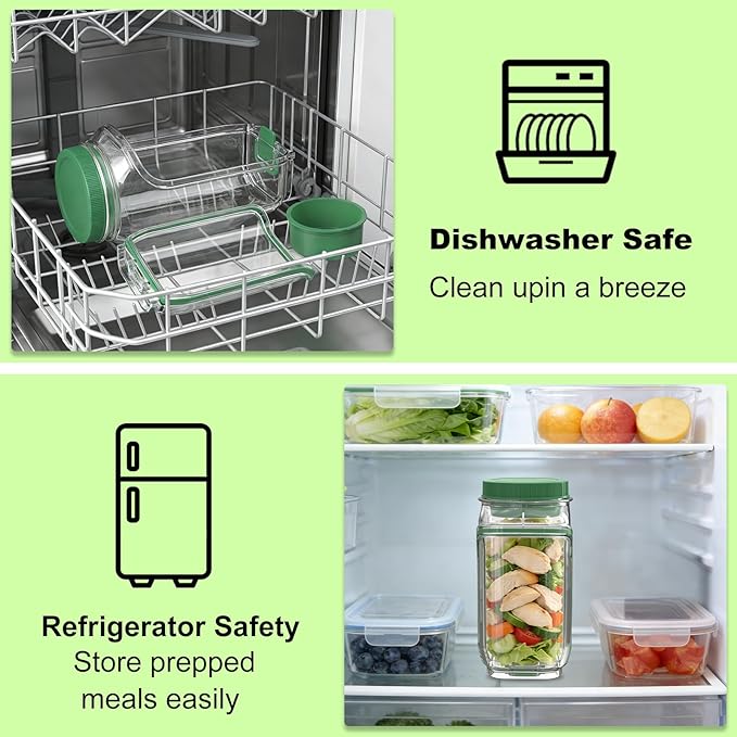 Side-Opening Mason Salad Jar, Portable 1000ml Salad Container with Leakproof Dressing Cup, Includes Spoon and Cleaning Brush, Perfect for Meal Prep, Gym, Office, Picnic and Travel (1 Pac)