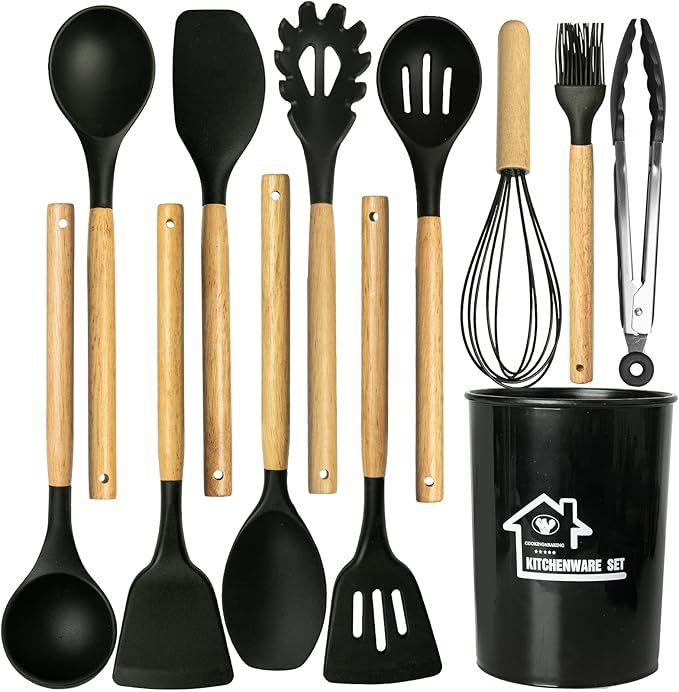 Kitchen Utensils Set for Cooking : 12 Pieces Silicone Wood Handle Kitchen Spatula Set - Heat Resistant Kitchen Gadgets Tools for Non-Stick Cookware (Black)