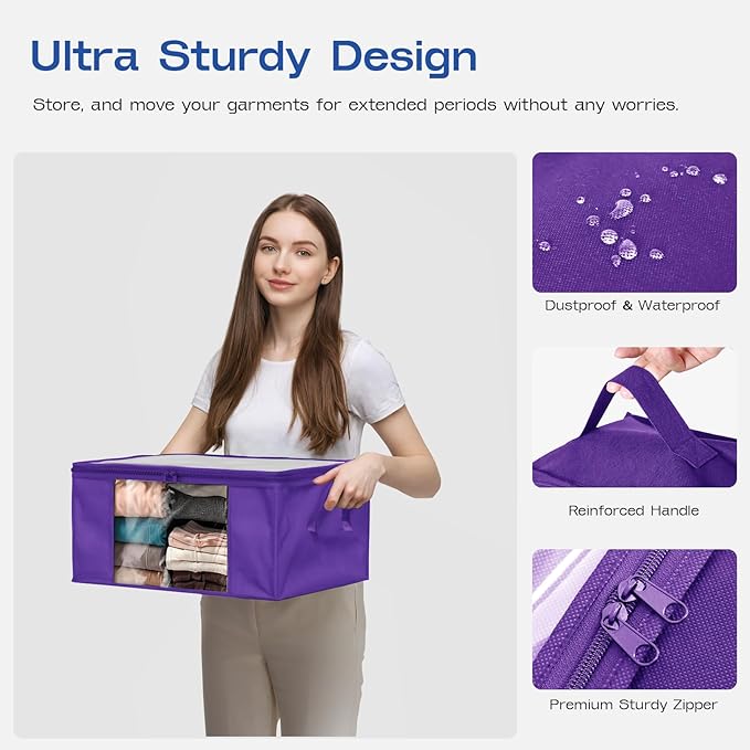 Clothes Storage Bags, Foldable Thick Fabric Blanket Storage Bags, Purple, 6PACK
