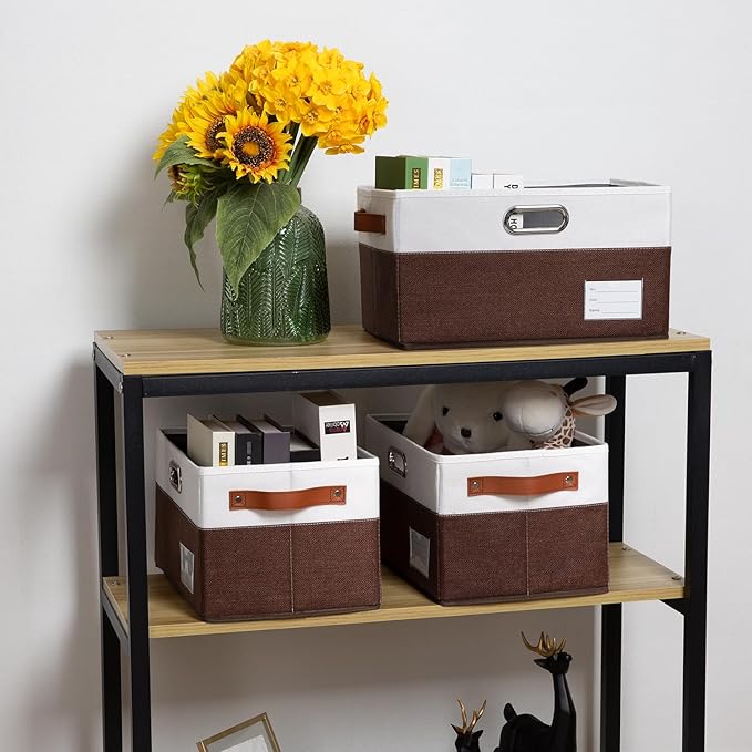 PRANDOM Foldable Storage Bins (3-Pack) - Brown & White - Closet/Room Storage