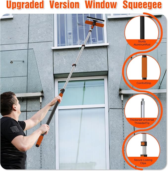 16FT Reach Window Squeegee Kit with Extension Pole, 2-in-1 Professional Washer for High Windows, 3-12FT Adjustable Reach