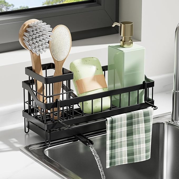 Sponge Holder for Kitchen Sink, Sink Caddy with High Brush Holder, Organzier Rustproof 304 Stainless Steel Dish Organizer Wall Mount, Soap Dispenser Storage