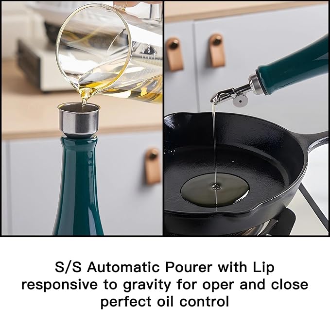 YOLIFE Olive Oil Dispenser Bottle, 20oz Ceramic Oil Dispenser for Kitchen, Oil Bottle with Gravity Spout, Leak Proof EVOO Dispensing Bottle with 2 Spouts and 1 Funnel for Vinegar, Juice(Green)