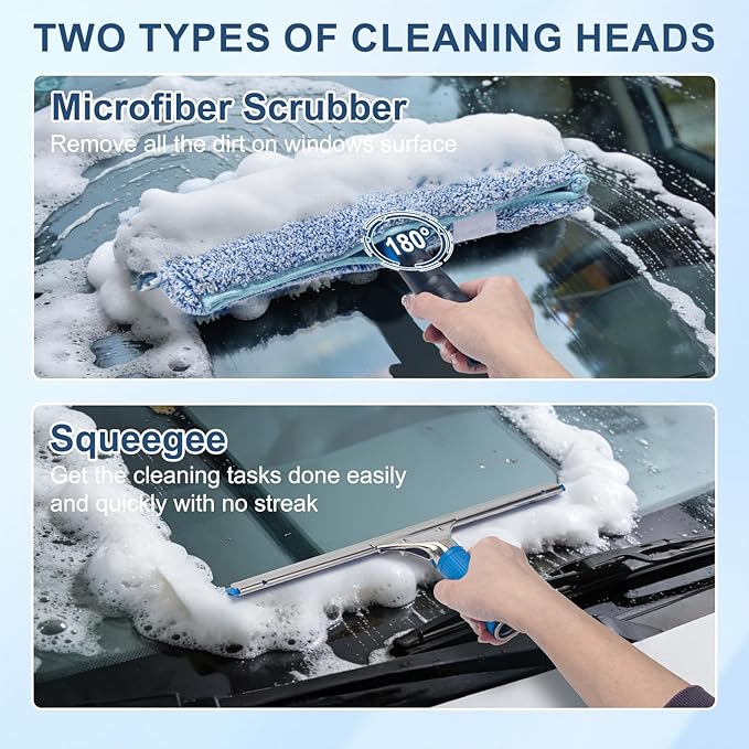 Professional Window Cleaning Kit, 14" Rubber Squeegee with 15" Microfiber Scrubber, Window Cleaning Tool for Home