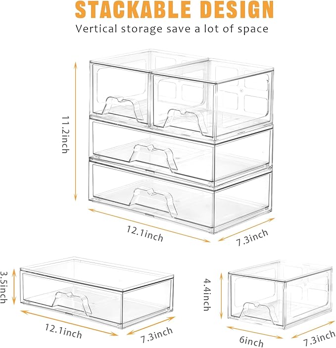4 Pack Stackable Storage Drawers Clear Acrylic Organizer Bathroom Makeup