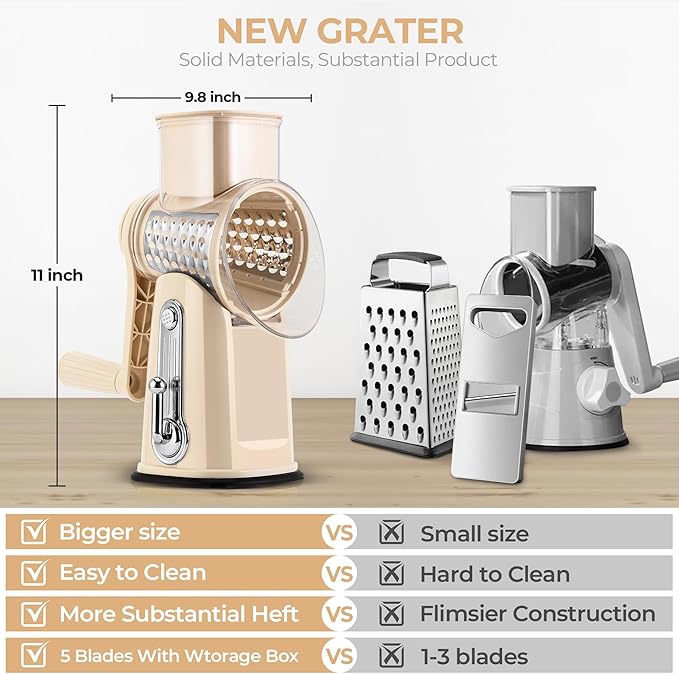 SUSTEAS Rotary Cheese Grater with Handle - Vegetable Shredder with 5 Well-designed Blades & Strong Suction Base,Round Mandoline Slicer & Food Chopper for Kitchen,with Blade Storage Box(Beige)
