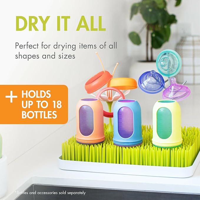 Boon Lawn Countertop Baby Bottle Drying Rack with Antimicrobial Tray - Spring Green - Bottle Rack and Organizer - Baby Feeding Essentials