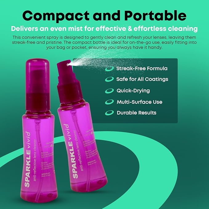 Sparkle Vivid Anti-Reflective Safe Lens Cleaner Spray Kit - (2) 2oz Glasses Cleaner Spray & (2) Microfiber Cloth for Eyeglasses, Sunglasses, Lenses